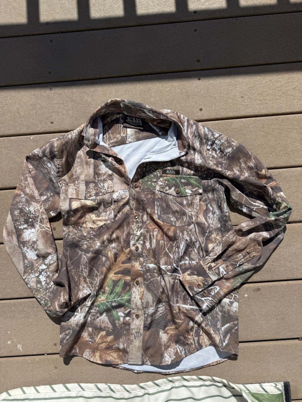 Von Dutch Brown and Green Camouflage Button-Up Shirt